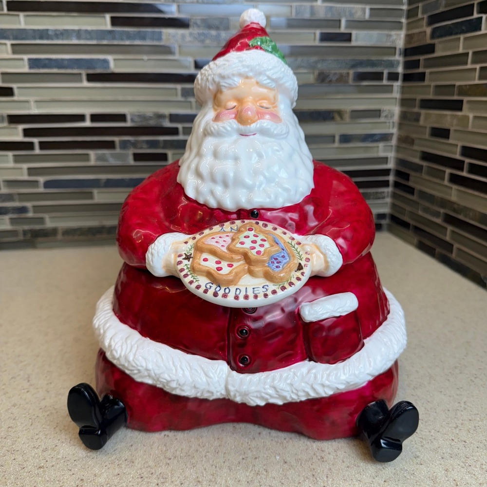 Vintage Ceramic Santa Claus Cookie Jar Holding Plate of Goodies Christmas Decor